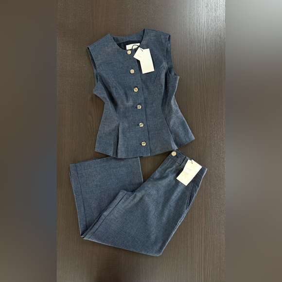 Zara Pants - Tailored Sleeveless Button-Front Denim Vest & Wide-Leg Pants Set - Denim